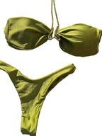 Solid Olive Green Bandeau Halter Bikini with Metallic Center Hardware