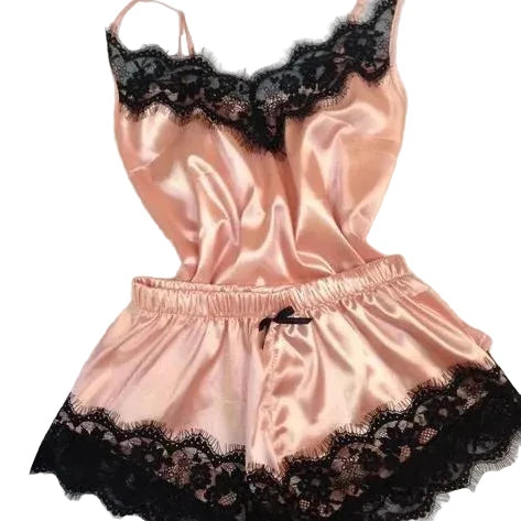 Contrasting Black Lace and Peach Satin-Finish Two-Piece Cami and Shorts Sleep Set