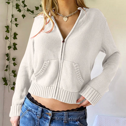 Women's Ribbed Zip-Up Cropped Hoodie with Relaxed Fit for Modern Casual Streetwear