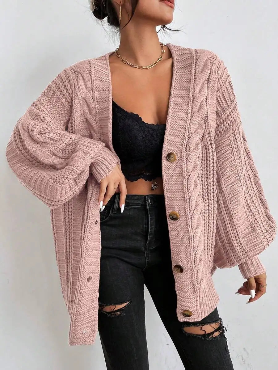 Women's Oversized Cable Knit Sweater with Textured Stitching and Relaxed Streetwear Silhouette