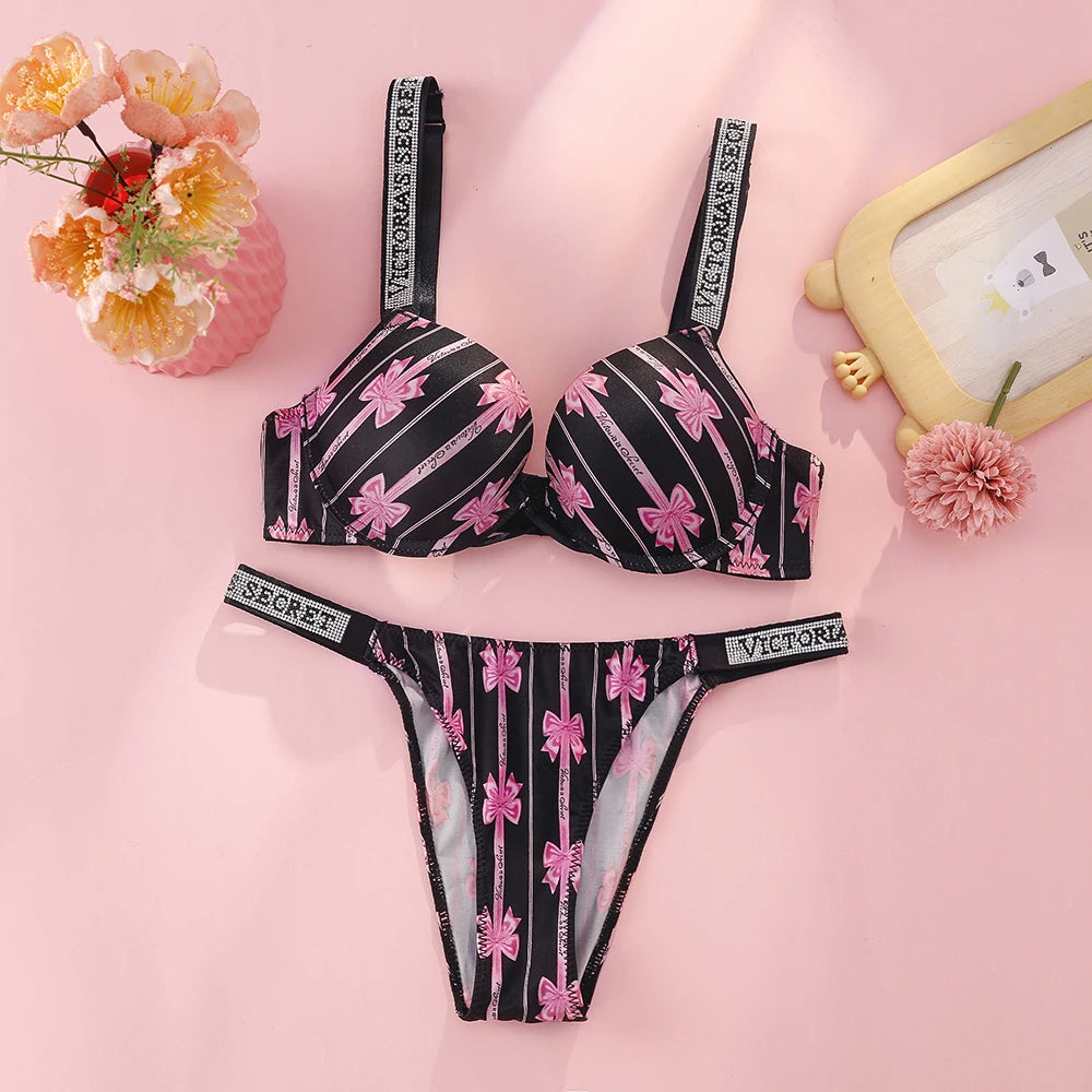 Bold Floral Print Underwire Bra and Thong Set with Crystal-Embellished Straps