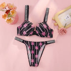 Bold Floral Print Underwire Bra and Thong Set with Crystal-Embellished Straps
