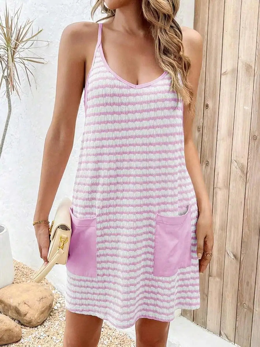 Striped Sleeveless Mini Dress with Front Pockets Casual Summer Style