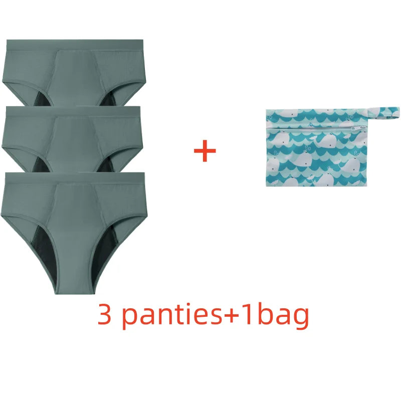 Five-Piece Solid Black Menstrual Brief Set with Two Printed Travel Bags
