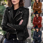Women's Cropped Faux Leather Moto Jacket with Belted Waist Contemporary Streetwear Style
