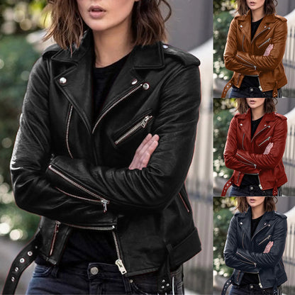 Women's Cropped Faux Leather Moto Jacket with Belted Waist Contemporary Streetwear Style