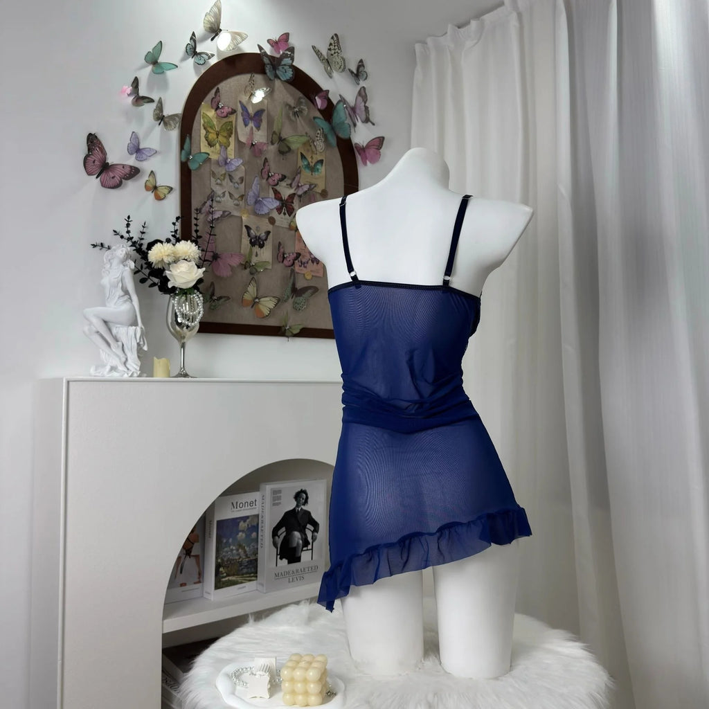 Deep Navy Corset-Style Sheer Mesh Chemise with Floral Lace Bodice