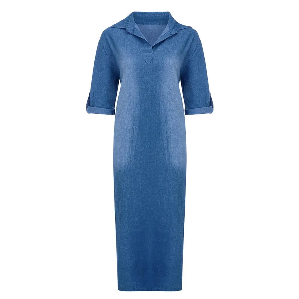Oversized V-Neck Denim Inspired Maxi Dress with Half Sleeves and Side Slits