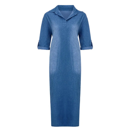 Oversized V-Neck Denim Inspired Maxi Dress with Half Sleeves and Side Slits