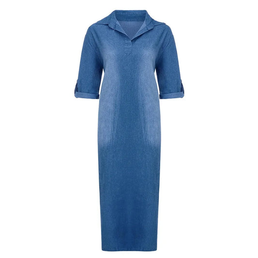 Oversized V-Neck Denim Inspired Maxi Dress with Half Sleeves and Side Slits