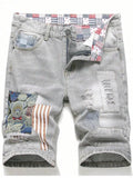 Men's Loose Fit Patchwork Denim Shorts with Distressed Details and Casual Streetwear Style