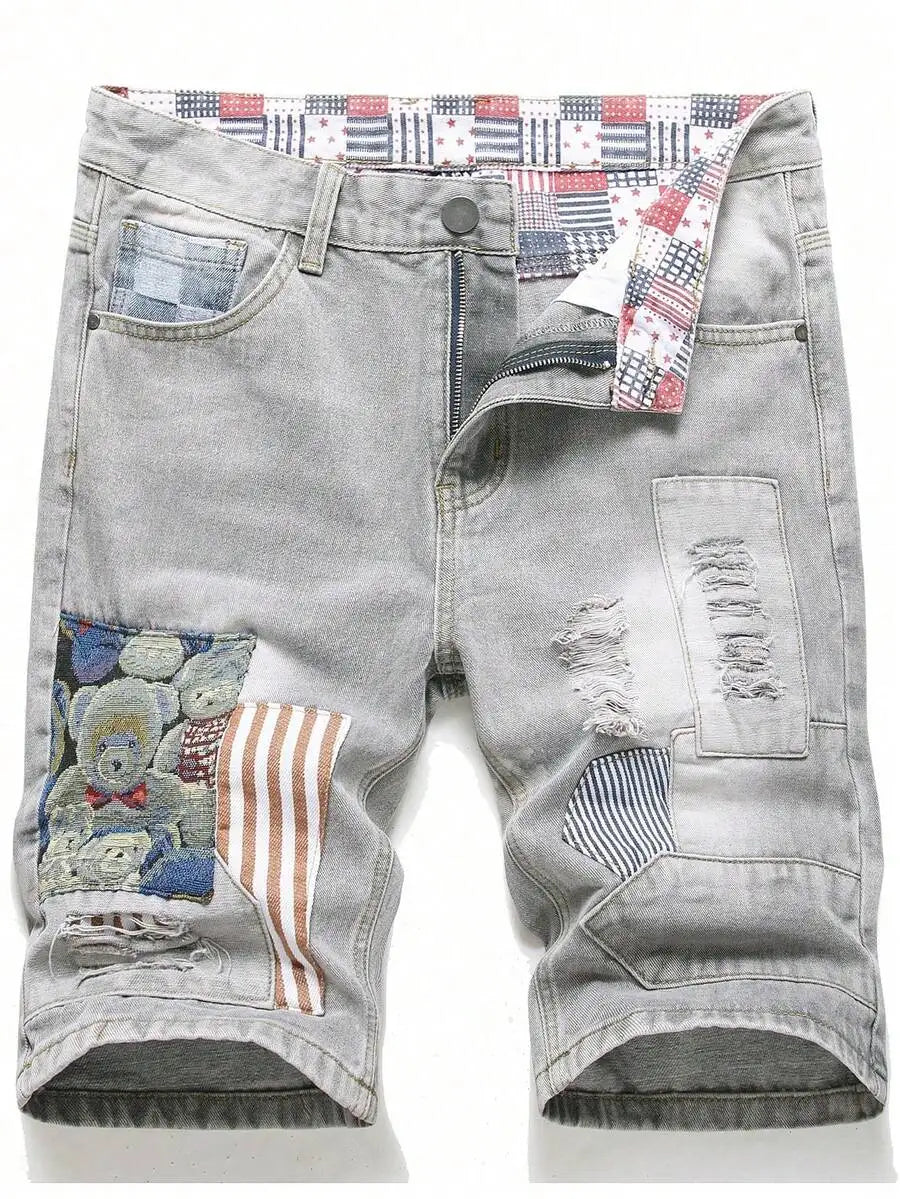 Men's Loose Fit Patchwork Denim Shorts with Distressed Details and Casual Streetwear Style