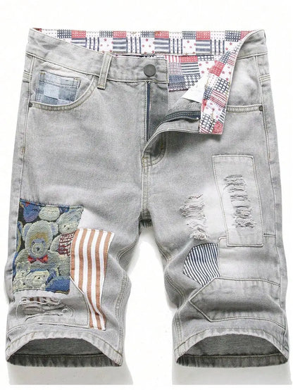 Men's Loose Fit Patchwork Denim Shorts with Distressed Details and Casual Streetwear Style