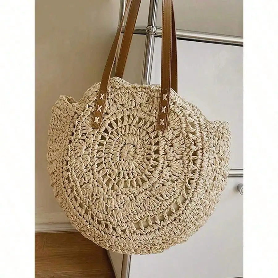 Handwoven Hollow Straw Round Tote Bag with Open Design Summer Carryall