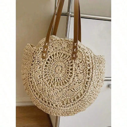 Handwoven Hollow Straw Round Tote Bag with Open Design Summer Carryall