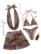 Four-Piece Leopard Print Vacation Ensemble with High-Waisted Skirt and Matching Top