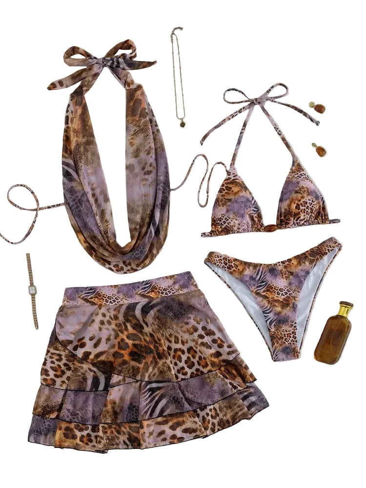 Four-Piece Leopard Print Vacation Ensemble with High-Waisted Skirt and Matching Top