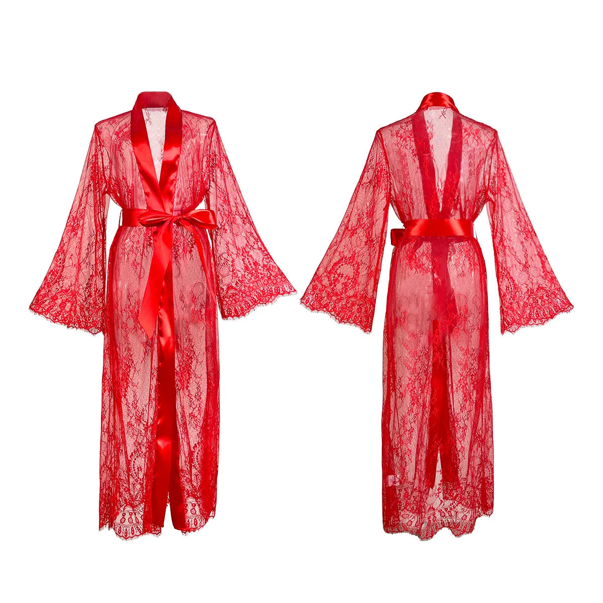 Dramatic Floor-Length Sheer Floral Lace Robe with Long Sleeves and Satin-Style Belt