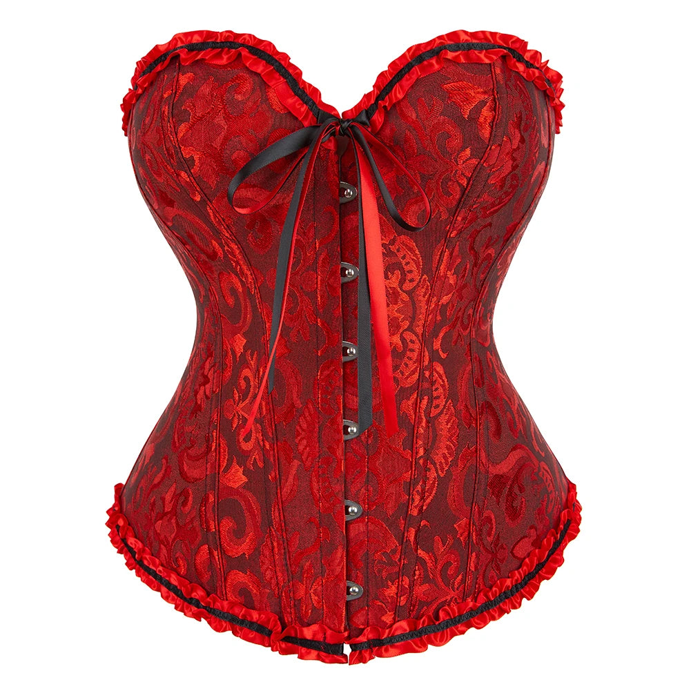 Floral Jacquard Overbust Corset with Sweetheart Neckline and Busk Closure