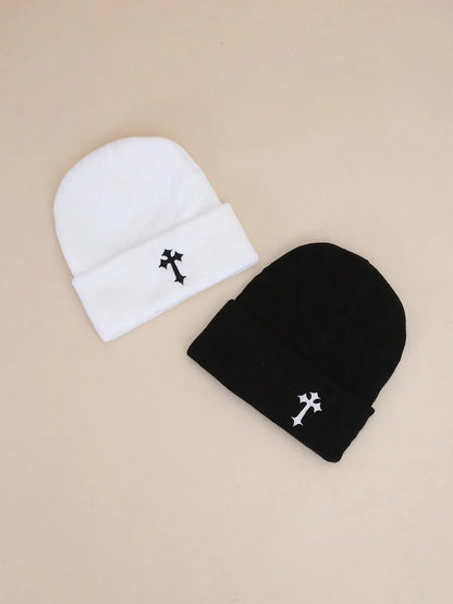 Minimalist Embroidered Cross Acrylic Knit Beanie for Modern Streetwear Winter Casual Fashion Style