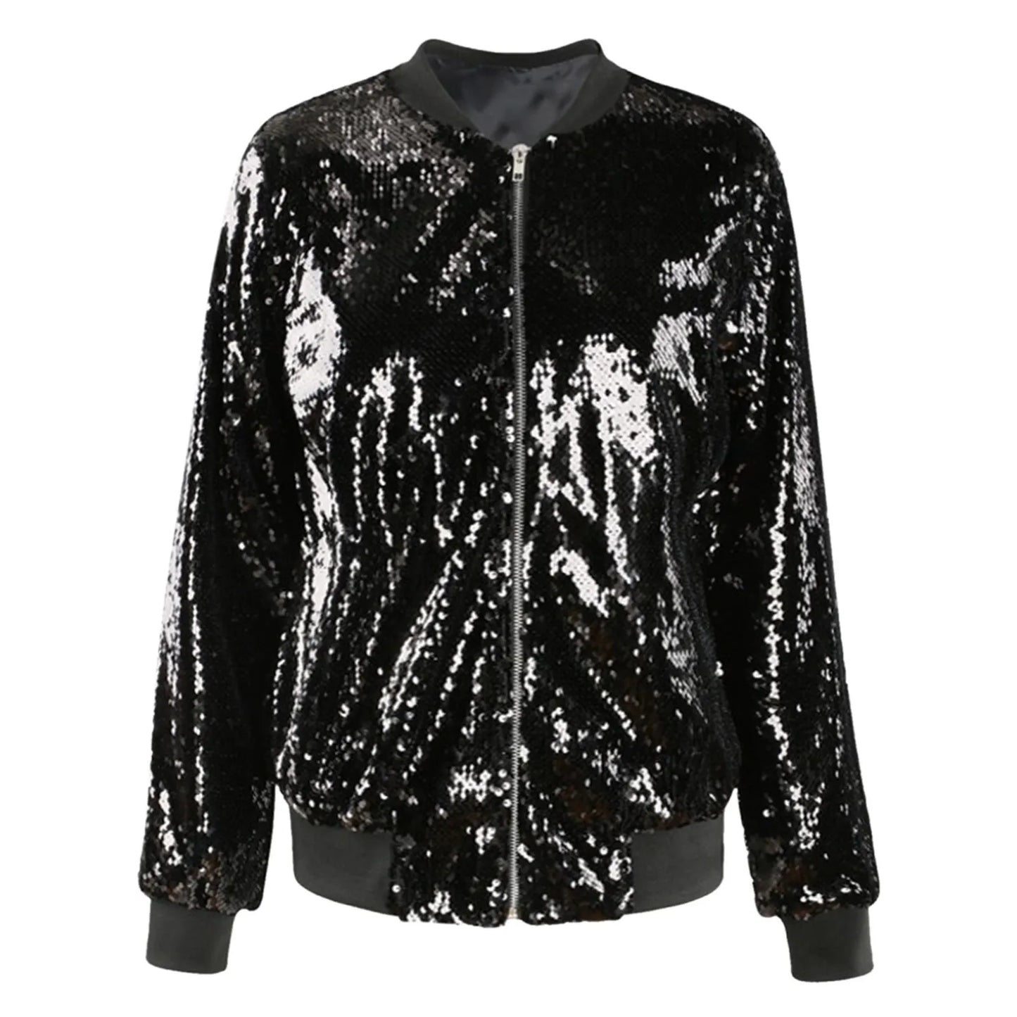 Women's Sequin Zip-Up Bomber Jacket with Contemporary Statement Streetwear Party Style