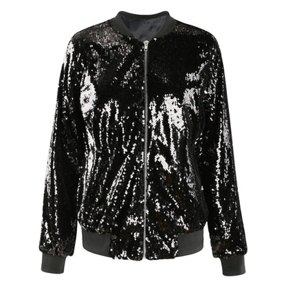Women's Sequin Zip-Up Bomber Jacket with Contemporary Statement Streetwear Party Style