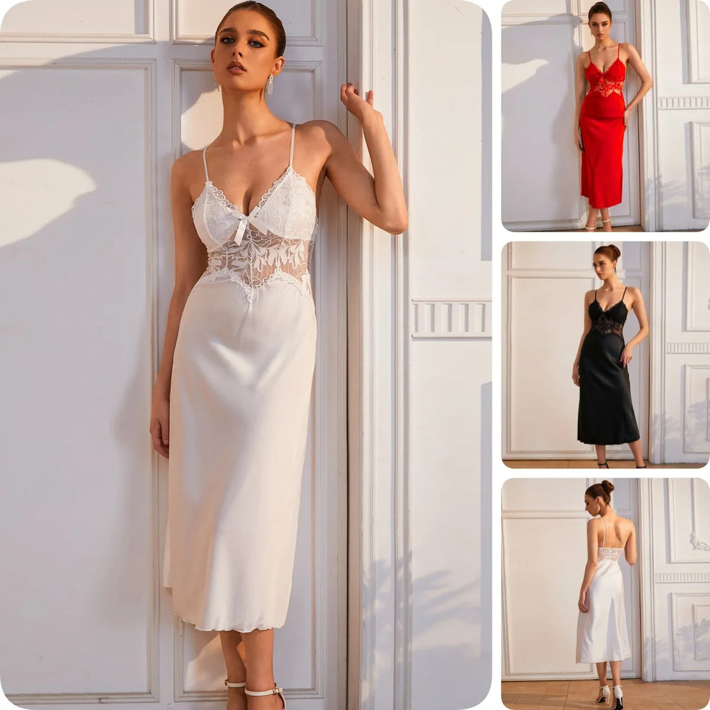 Vibrant Red Satin-Finish Midi Slip Dress with Sheer Lace Midriff