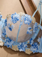 Romantic Light Blue Floral Appliqué Underwire Lingerie Set