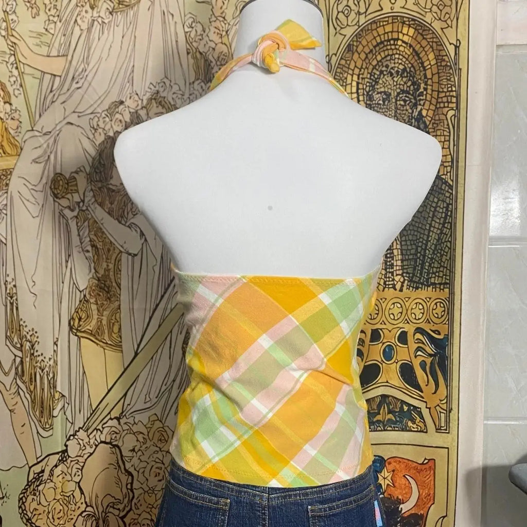 Plaid Halter Crop Top with Open Back Slim Contemporary Streetwear Style