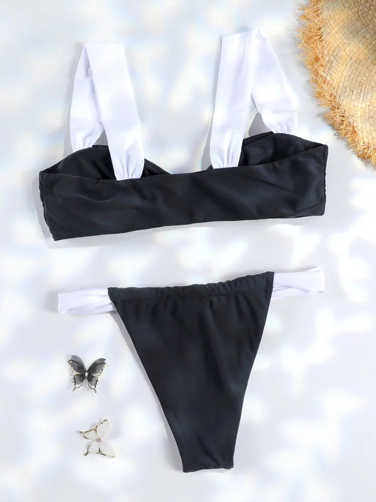 Leopard Print and Black Contrast Block Bikini Set with Wide Straps