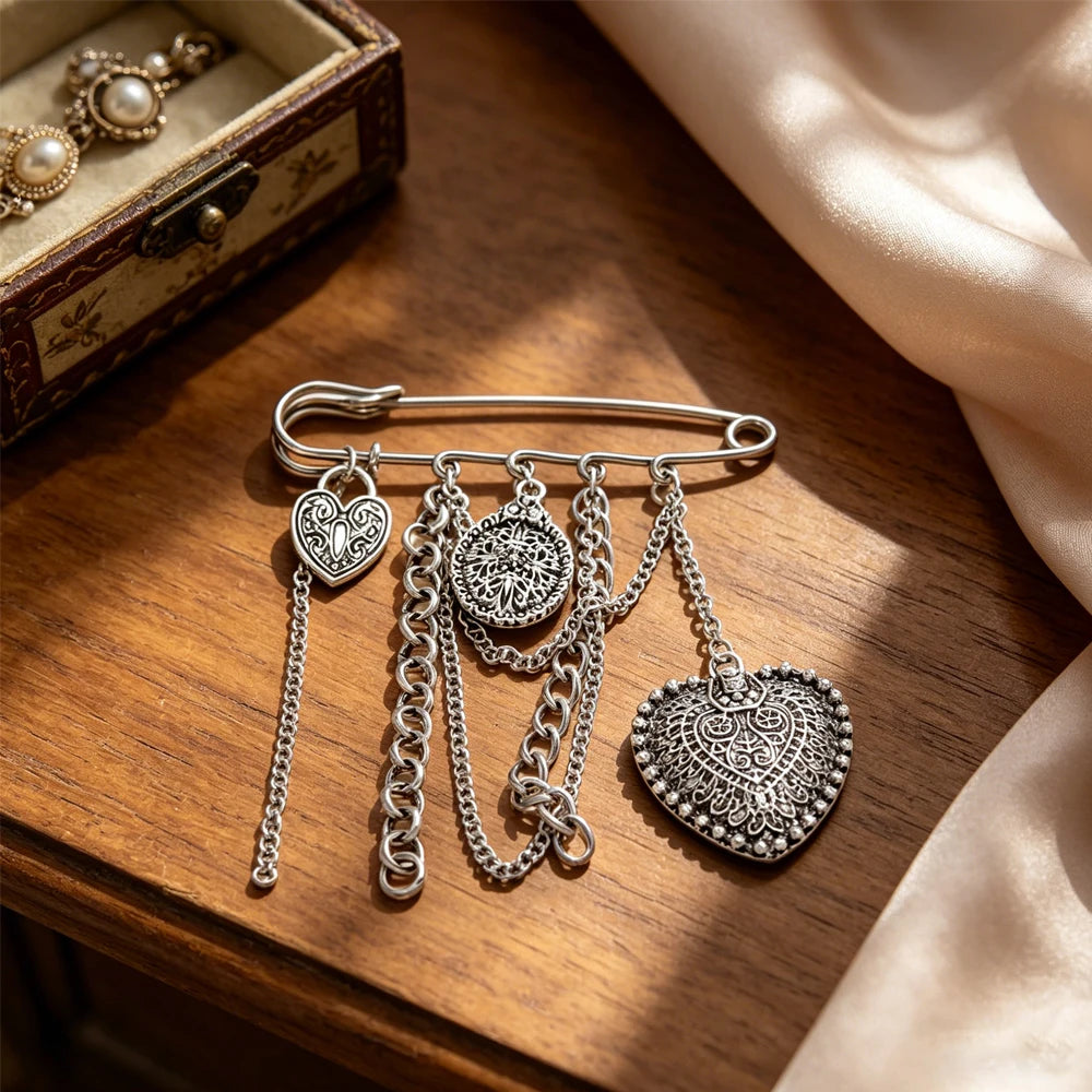 Gothic Heart Safety Pin Brooch with Layered Chains and Tassel Details