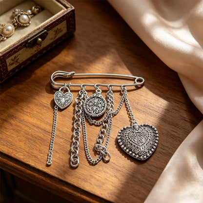 Gothic Heart Safety Pin Brooch with Layered Chains and Tassel Details