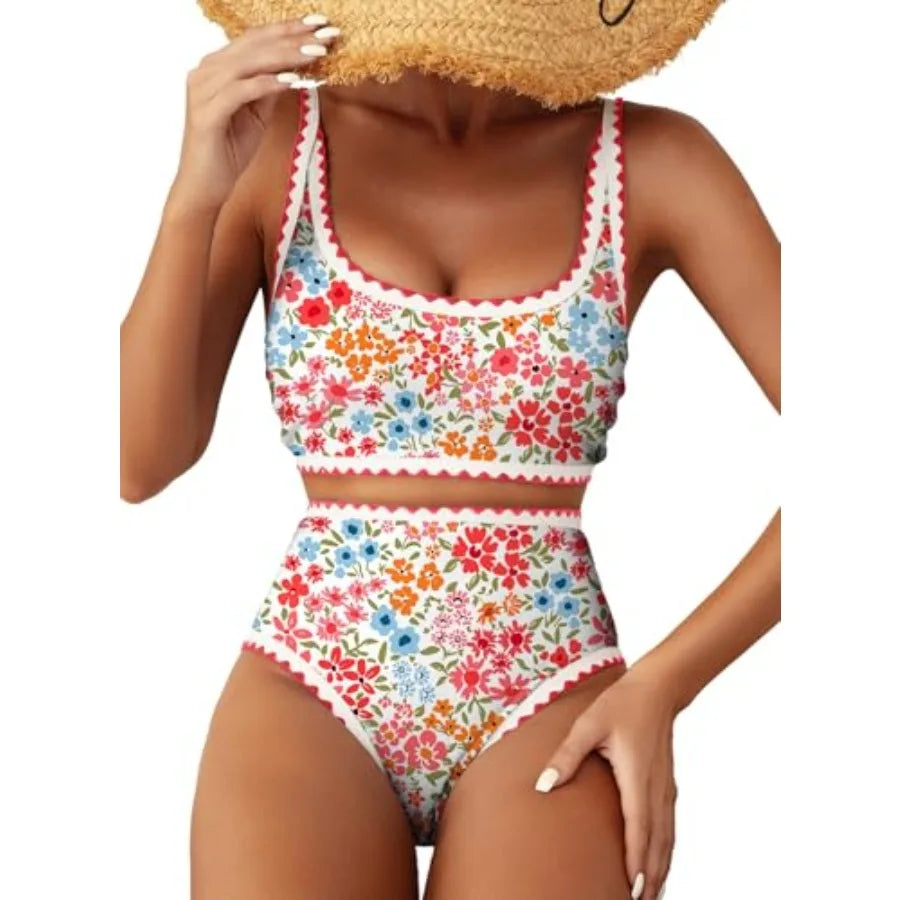 Women's Floral Print High-Waisted Bikini Set with Scoop Neckline, Whip-Stitch Detailing and Coordinated Two-Piece Swimwear