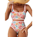 Women's Floral Print High-Waisted Bikini Set with Scoop Neckline, Whip-Stitch Detailing and Coordinated Two-Piece Swimwear