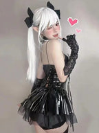 Dark Romance Halter Neck Dress with Corset Lacing and Sheer Ruffles