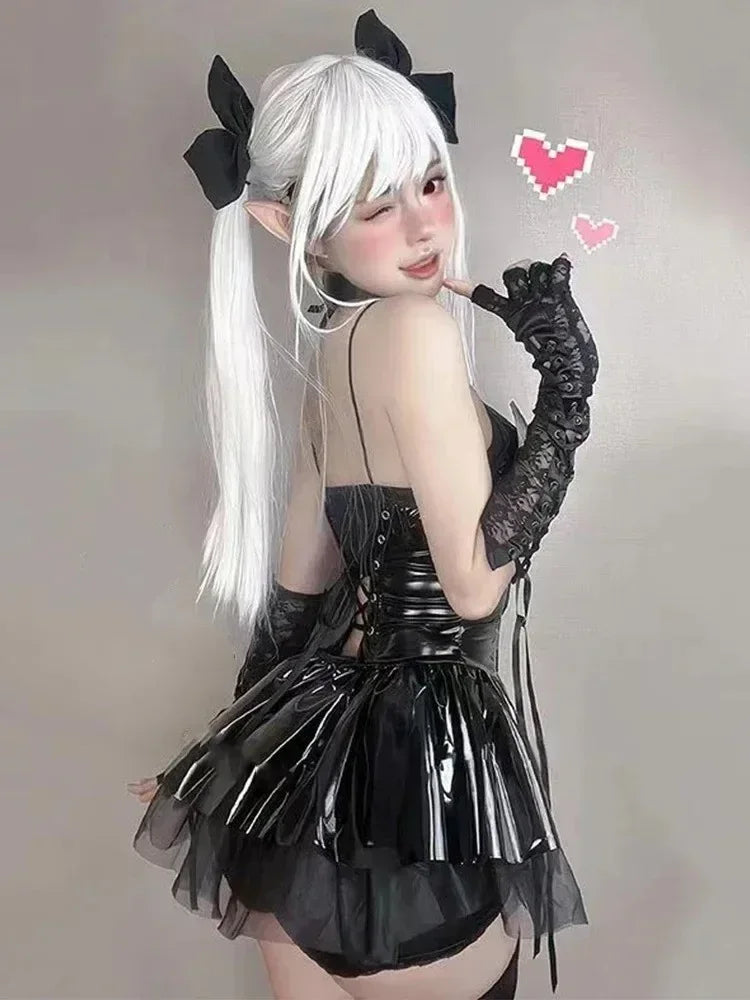 Dark Romance Halter Neck Dress with Corset Lacing and Sheer Ruffles