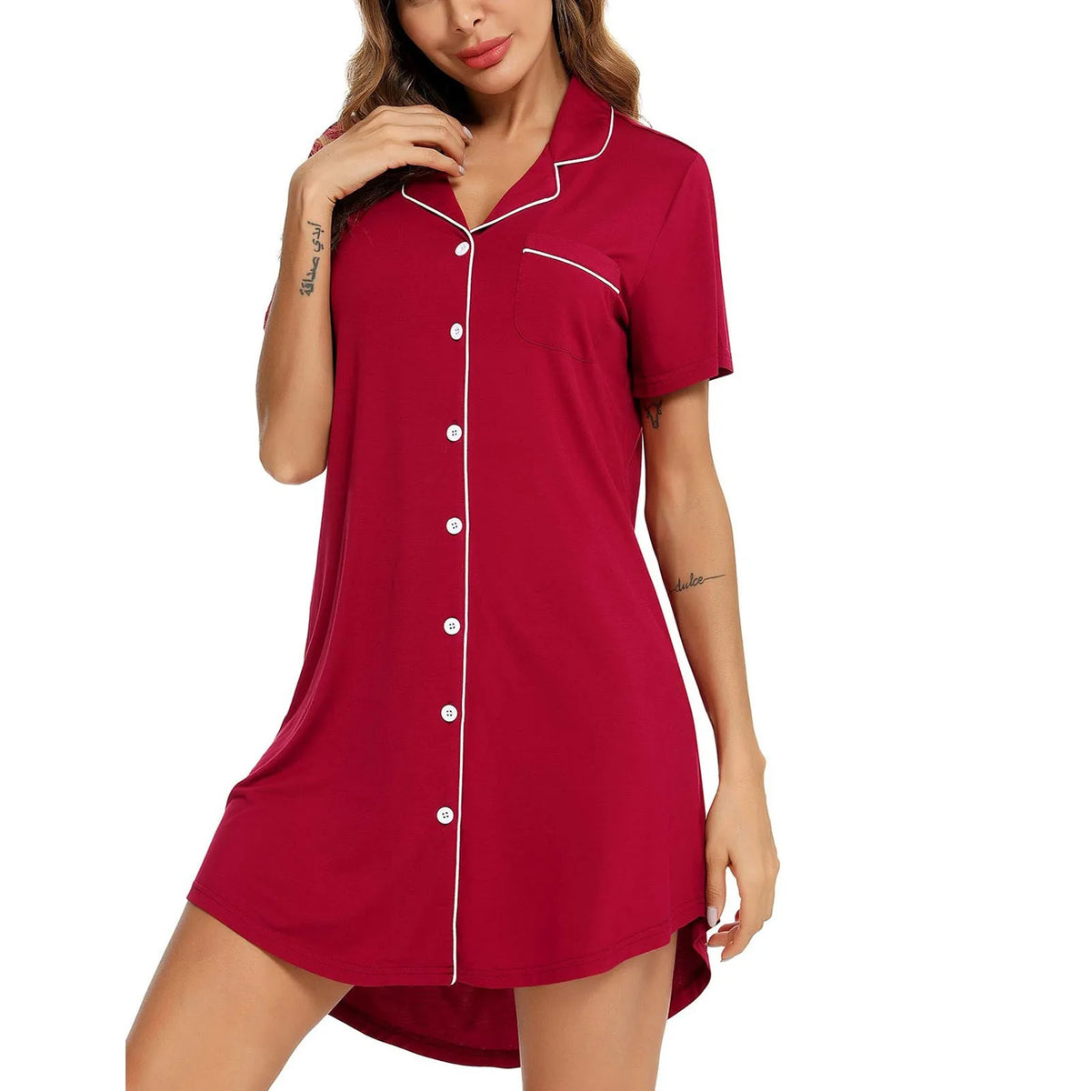 Women's Button-Down Mini Nightgown, Short-Sleeve Style with Soft Casual Silhouette, Solid-Color Sleep Shirt and Relaxed Homewear