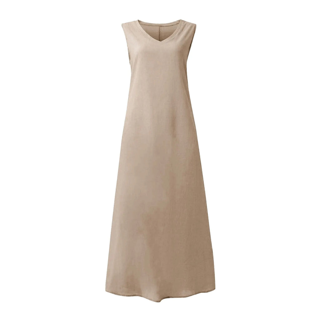 Relaxed Sleeveless Linen Look Maxi Dress with Minimalist A-Line Silhouette
