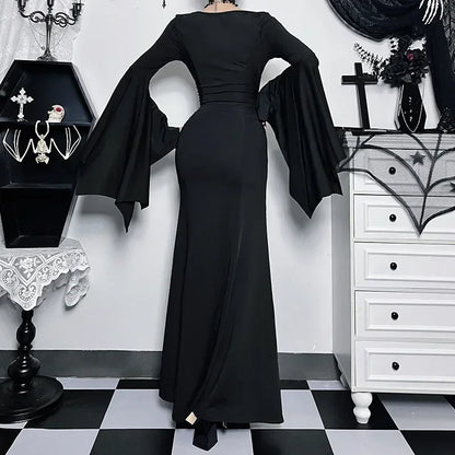 Elegant Gothic Mermaid Dress with Dramatic Sleeves and Dark Styling