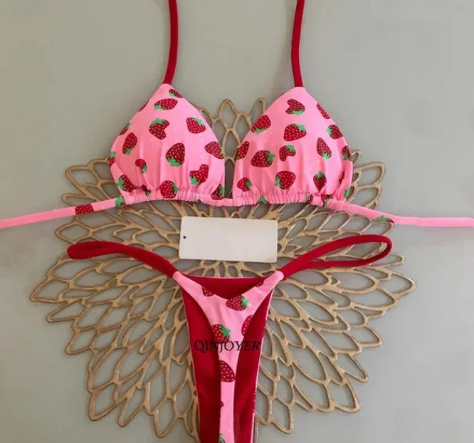 Playful Heart Print Triangle Bikini Set with Braided Pink Strap Detailing