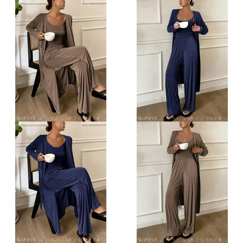 Women's Three-Piece Fall Pajama Set with Sleeveless Camisole, Long-Sleeve Robe and Matching Ankle-Length Pants