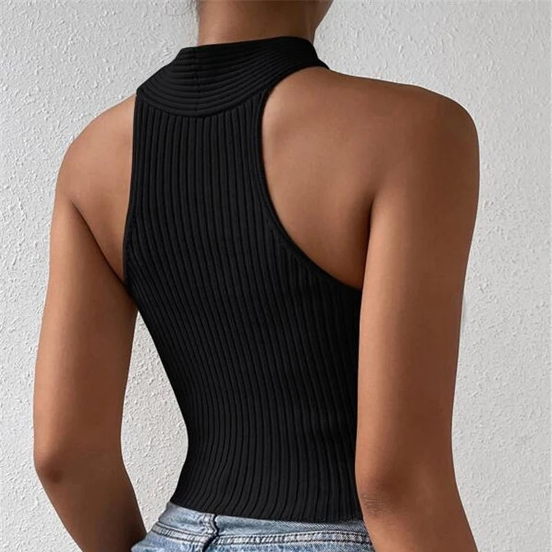 Women's Ribbed Halter Crop Tank Top with Cross Strap Neckline and Slim Knit Fit