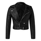 Women's Cropped Faux Leather Moto Jacket with Asymmetrical Zip Contemporary Streetwear Design