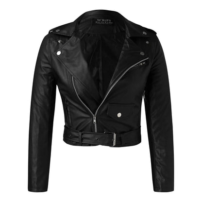 Women's Cropped Faux Leather Moto Jacket with Asymmetrical Zip Contemporary Streetwear Design