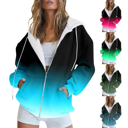 Women's Gradient Zip-Up Hooded Sweatshirt Jacket with Relaxed Fit Casual Streetwear Outerwear