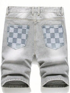 Men's Loose Fit Patchwork Denim Shorts with Distressed Details and Casual Streetwear Style
