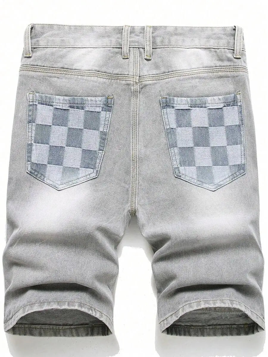 Men's Loose Fit Patchwork Denim Shorts with Distressed Details and Casual Streetwear Style