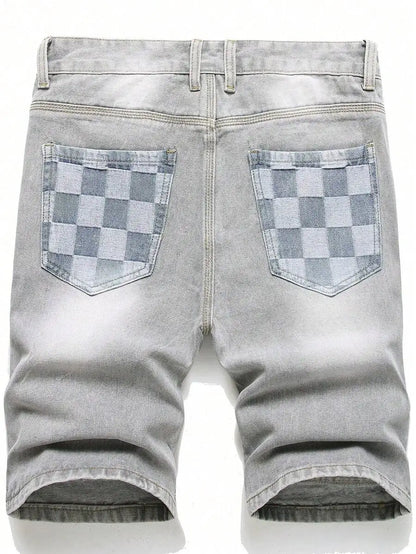 Men's Loose Fit Patchwork Denim Shorts with Distressed Details and Casual Streetwear Style