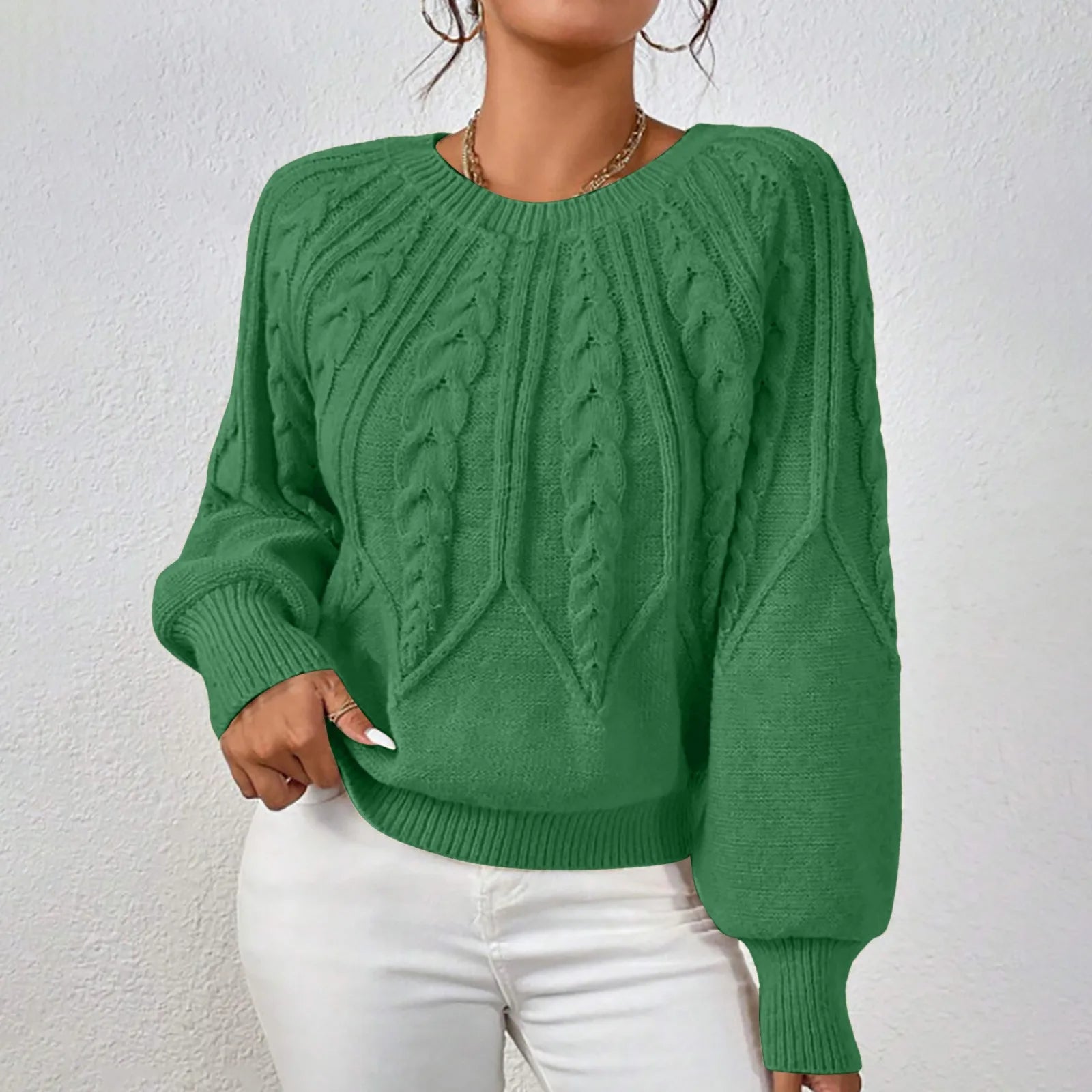 Women's Textured Cable Knit Crew Neck Relaxed Fit Sweater Pullover
