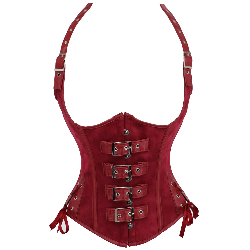 Black Faux Leather Halter Underbust Corset with Heavy-Duty Buckles and Ribbon Lacing